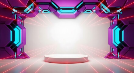Futuristic Presentation Stage with Vibrant Tech Gateway and Laser Grids