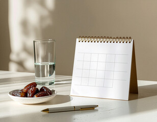 Blank desk calendar with dates and water under morning light
