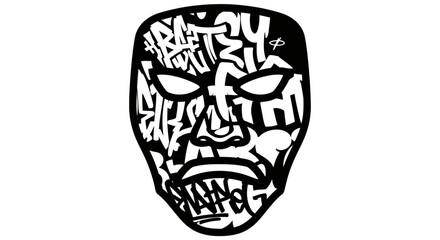 Abstract mask design with graffiti-style lettering forming facial features, rendered in black and white.