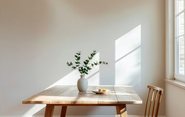Minimalist dining room with morning sunlight