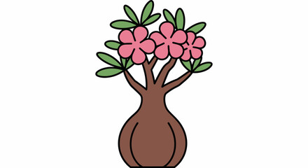 Cartoon illustration of a desert rose plant with pink flowers and green leaves.