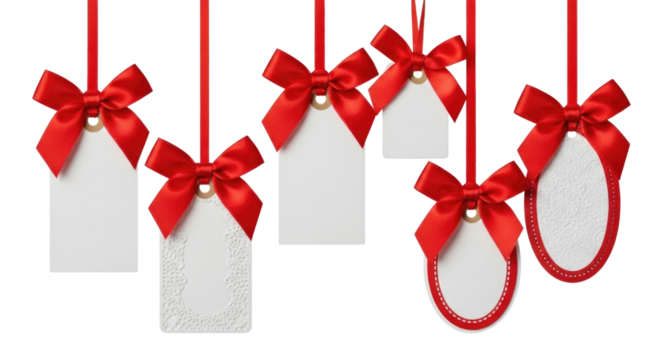 Five blank gift tags with red bows transparent background cutout png
