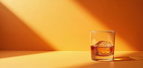A glass of amber whiskey sits on a table. A large ice cube chills the spirit. Light streams diagonally across the bright orange backdrop. Plenty of space for text.
