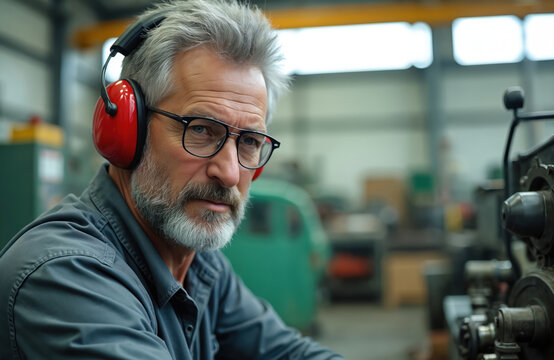 An older man wearing glasses and noise protection works inside a factory. He concentrates on his job. A senior factory worker uses industrial equipment at his workplace.