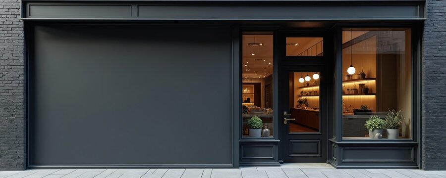 Blank dark storefront wall and window display with interior visible. Shopfront facade with modern brick exterior. Empty space for logo or text.