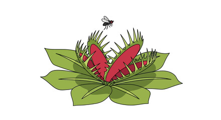 A carnivorous Venus flytrap plant with open jaws, attracting a small flying insect.