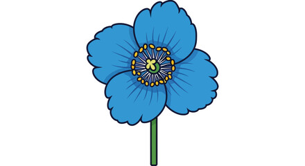Illustration of a single blue poppy flower with a yellow center on a green stem, isolated on a white background.