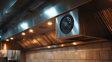 Fototapeta na wymiar Stainless steel commercial kitchen ventilation hood with integrated lighting and a circular vent