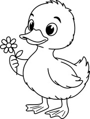 Cute Baby Duck Holding a Daisy Flower, Black and White Line Art Cartoon Vector Illustration