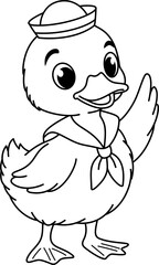 Cute Sailor Duckling Waving Hand, Black and White Line Art Cartoon Vector Illustration