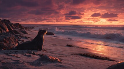 Seal relaxes on a sandy beach at sunset, enjoying the colorful sky and gentle waves of the ocean