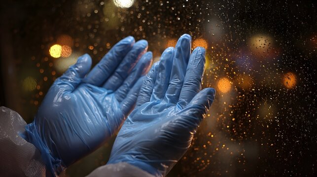 Hands wearing blue protective gloves held up in a hopeful gesture against a rainy night with bokeh lights - Powered by Adobe