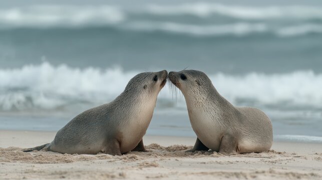 Seals playfully interacting on the sandy beach by the ocean under cloudy skies during the day - Powered by Adobe