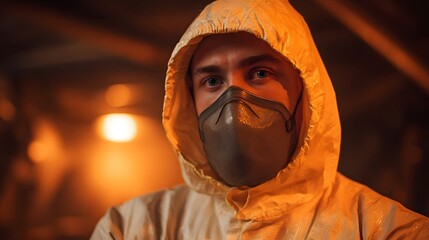Close up portrait of a person in a protective suit and respirator mask illuminated by warm orange light in a dark industrial setting