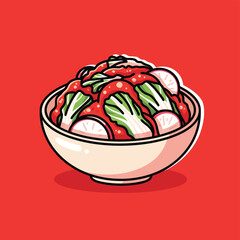A cartoon illustration of a bowl of spicy red kimchi with napa cabbage and radish slices on a red background.