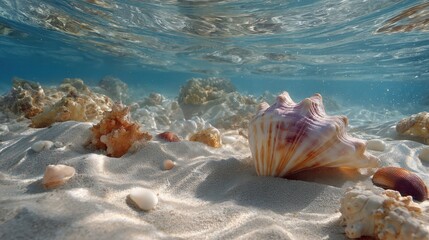 Colorful seashell resting on sandy ocean floor surrounded by small rocks and aquatic plants in clear water during a sunny day