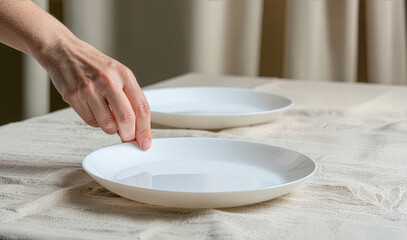 Hand placing white plate on dining table