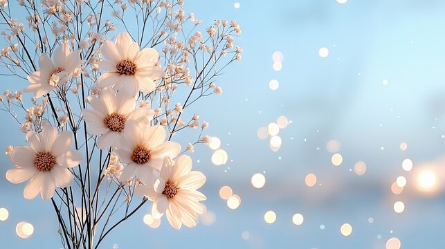 A close-up view of a bouquet of white cosmos flowers and delicate baby's breath, set against a soft, out-of-focus blue background with bokeh lights. - Powered by Adobe