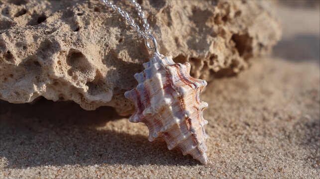 Beautiful seashell pendant displayed on sandy beach with rocky background capturing natural sunlight and intricate shell design - Powered by Adobe