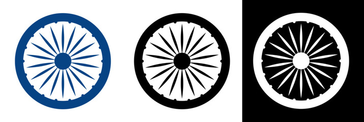 Set Ashoka Chakra symbols blue, black, white colors. National emblem element for India Republic Day, Independence Day designs. Vector template for patriotic illustration