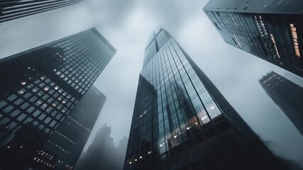 Low-angle view of towering modern glass skyscrapers reaching into a dramatic, cloudy sky, depicting urban architecture and business. - Powered by Adobe