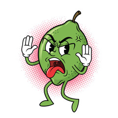 A cartoon lime character with an angry or disgusted expression, sticking its tongue out and raising its hands in a stop gesture, on a halftone background.