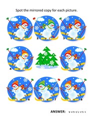 Winter visual logic puzzle with skiing snowmen. Can you find the mirrored copy for each picture? Answer included.
