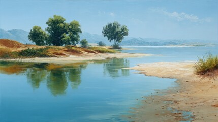 Serene river scene with lush greenery and clear blue skies reflecting on calm water under bright sunlight