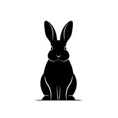Black silhouette of a rabbit sitting and facing forward isolated on white