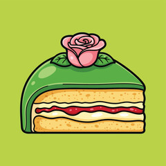 A cartoon illustration of a slice of princess cake with green marzipan and a pink rose decoration on a light green background.