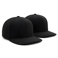 Two black baseball caps with flat brims isolated on white background