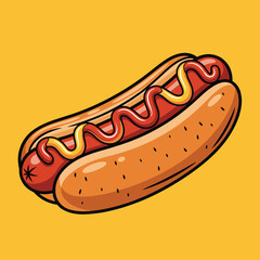A cartoon illustration of a classic hot dog with ketchup and mustard on a vibrant yellow background, showcasing a popular street food snack.