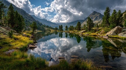 Reflections of mountains and clouds in a tranquil lake surrounded by lush greenery in a serene landscape setting