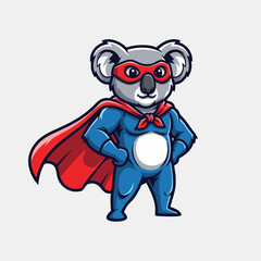 Cute cartoon koala character dressed as a superhero with a blue suit, red cape, and mask, standing confidently.