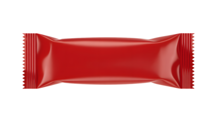 Close up of a shiny red rectangular candy bar wrapper on a black background with crimped edges