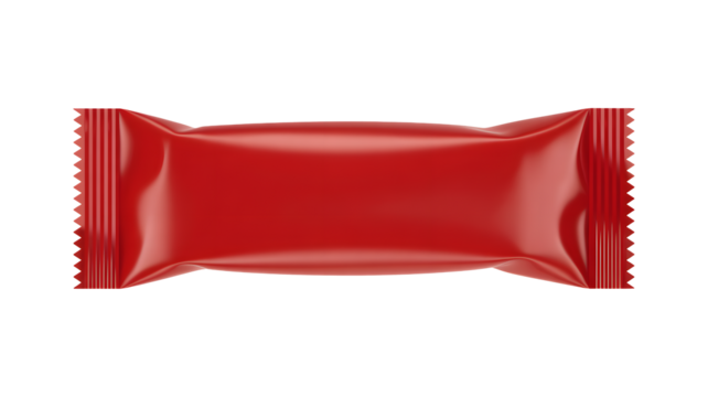Close up of a shiny red rectangular candy bar wrapper on a black background with crimped edges