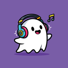 A cute cartoon ghost character happily listening to music with colorful headphones on a purple background with musical notes.