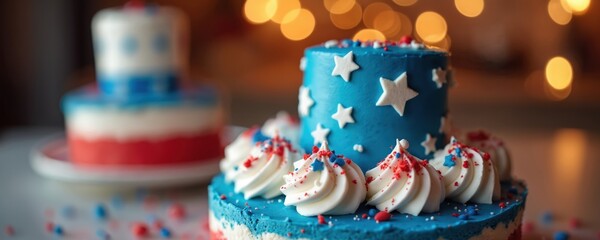 Two tiered red white and blue cake with white frosting stars and swirls. Celebratory dessert perfect for national holidays or patriotic events. Festive decoration for any party.