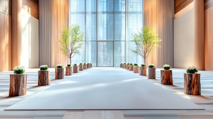 A long, white carpeted aisle is flanked by decorative wooden stumps holding floral arrangements and small trees, leading towards a grand entrance with large win
