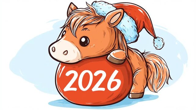 Adorable illustrated orange pony with brown mane wearing red Santa hat hugging large red ornament ball with white 2026 text on light blue background, celebrating Chinese New Year.