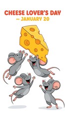 Cheese lovers day illustration with mice and cheese isolated on white background