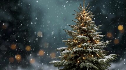 Beautiful snow-covered Christmas fir tree decorated with golden star and warm glowing lights surrounded by falling snowflakes on peaceful blue gradient background, festive holiday atmosphere. - Powered by Adobe