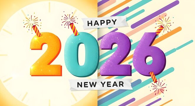 Happy new year 2026 celebration with colorful numbers and festive elements