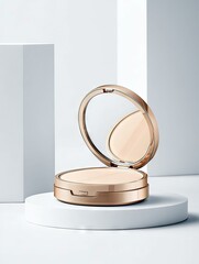 A close-up studio shot of an open gold compact powder with a mirror reflecting the product, placed on a white circular stand.