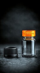 A clear glass vial with an orange screw-on cap sits next to its black cap on a dark, textured surface.