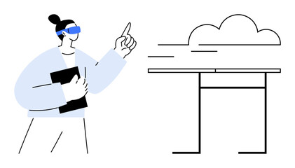 Woman wearing VR headset pointing at a virtual cloud over a sleek table while holding a tablet. Ideal for technology, innovation, virtual reality, cloud computing, digital transformation, future