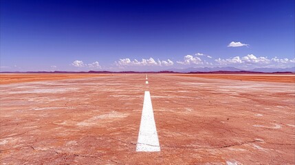 A vast, cracked earth desert stretches to the horizon under a bright blue sky, with a white line creating a visual path.