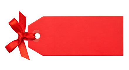 Blank red gift tag with a red ribbon bow, isolated on transparent background