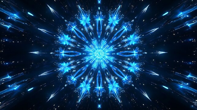 Glowing blue crystal snowflake with radiant abstract light pattern
