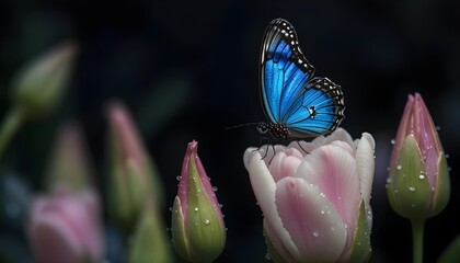 Blue Morpho Butterfly Resting Gracefully On Dewy Tulip Flowers Against Dark Background